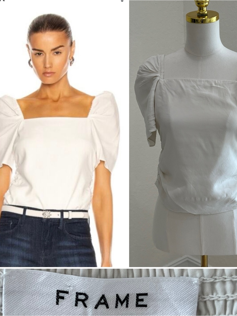 Frame White Square-Neck Puff Sleeve Blouse